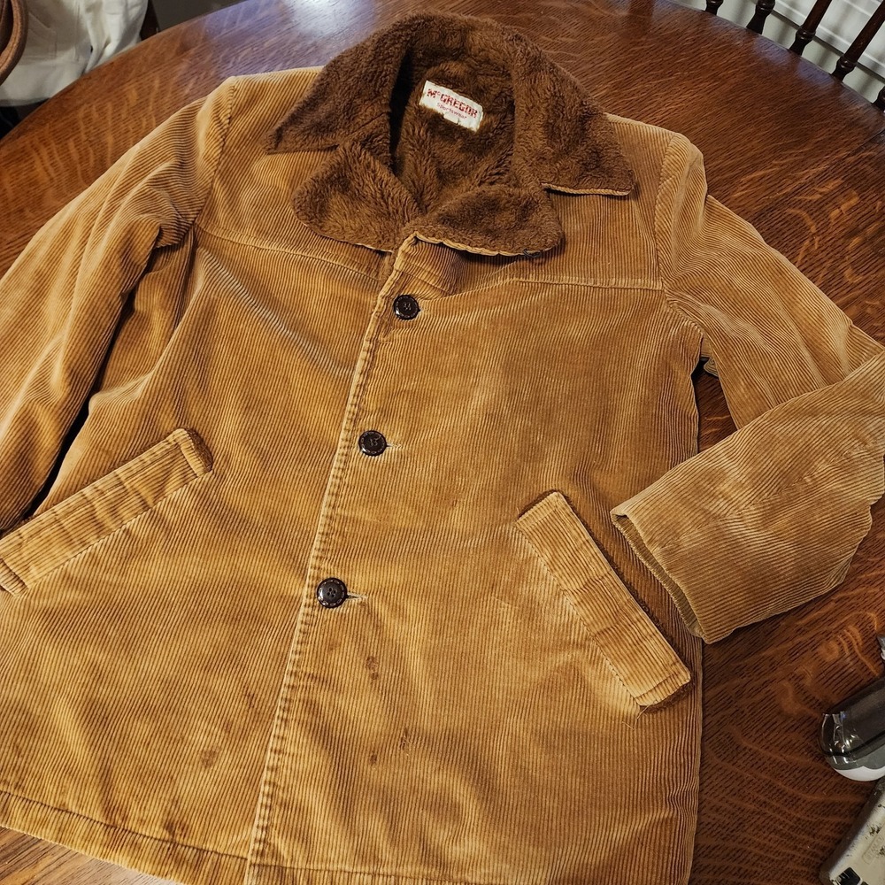 McGregor Faux Fur Lined Tan Corduroy Coat Size 42 Vintage Stained Patina‎ Rustic